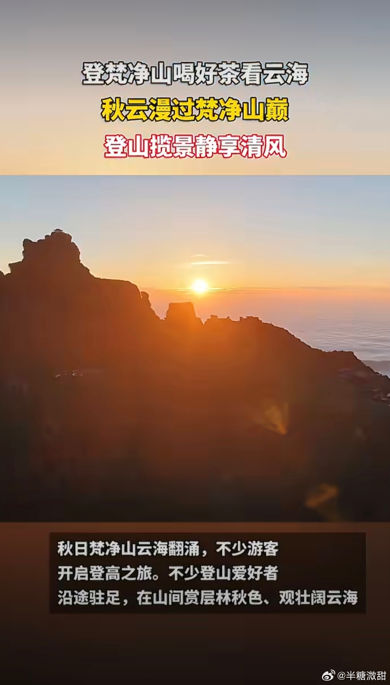 登梵净山喝好茶看云海登顶梵净山，静看云海漫过奇峰。山风拂面，捧一盏清茶慢饮，山野