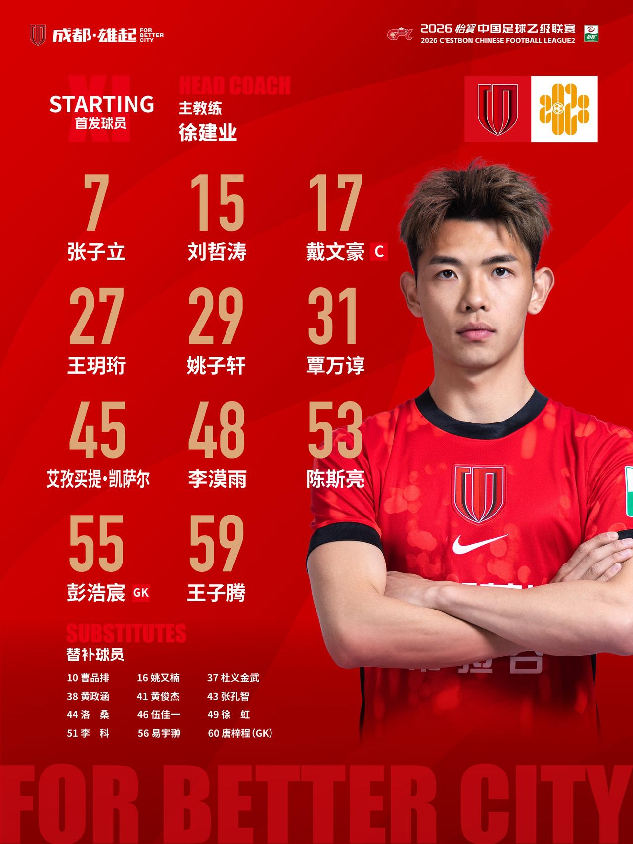 比赛首发名单出炉！蓉城青年军，雄起！