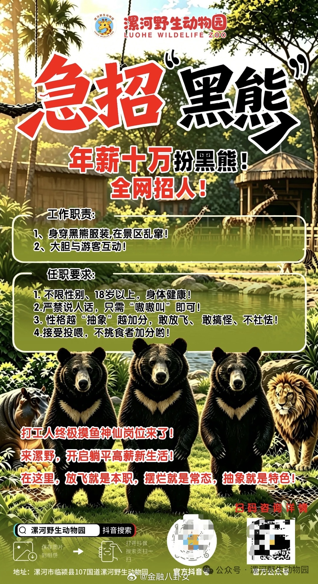 刷到了河南一动物园年薪10万元招人扮黑熊，在岗期间不能说人话。但是目前招满了，每