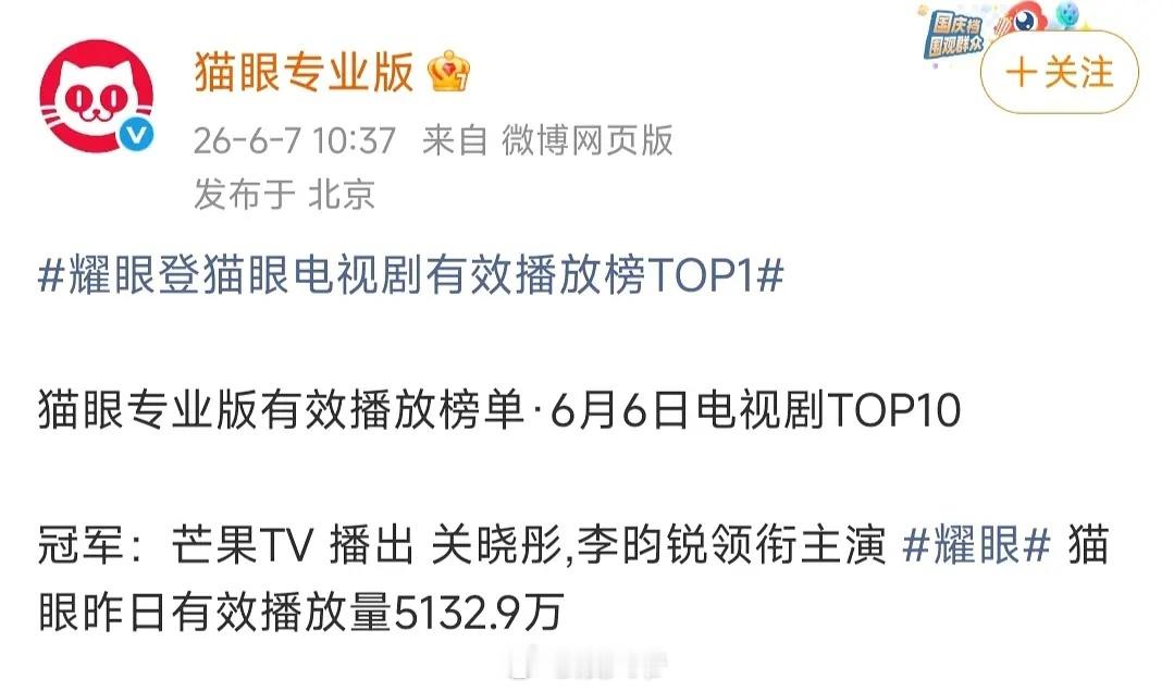 来自猫眼专业版：耀眼昨天不仅是卫视第一，有效播放量突破5000w，也是第一 