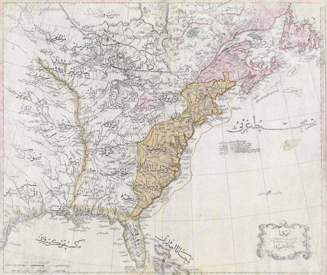 这是一幅1803年奥斯曼帝国发行的北美地图。地图上，美国被称为“英国人的土地”（