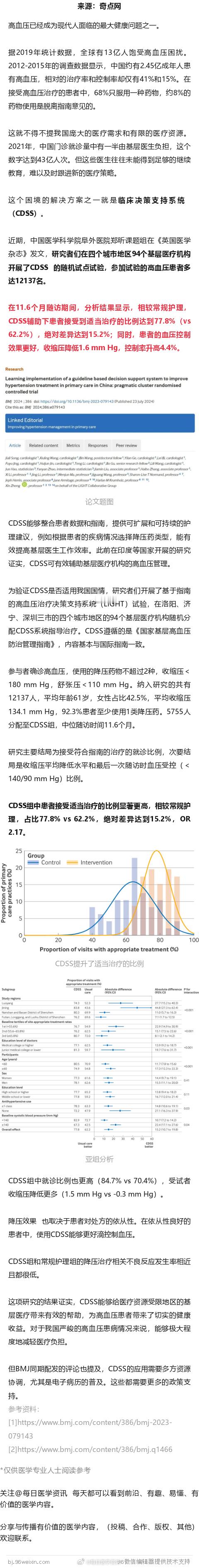 BMJ：基层控压，有妙招！阜外医院团队发现，临床决策支持系统可大幅提升基层高血压