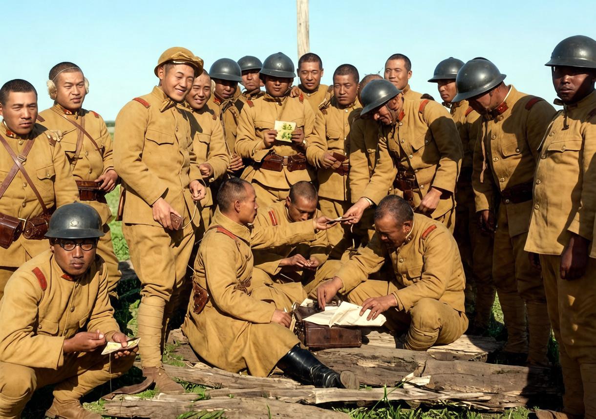 1931年，“九一八事变”事变之后，日本军官在给士兵发军饷。

站在旁边的日本士