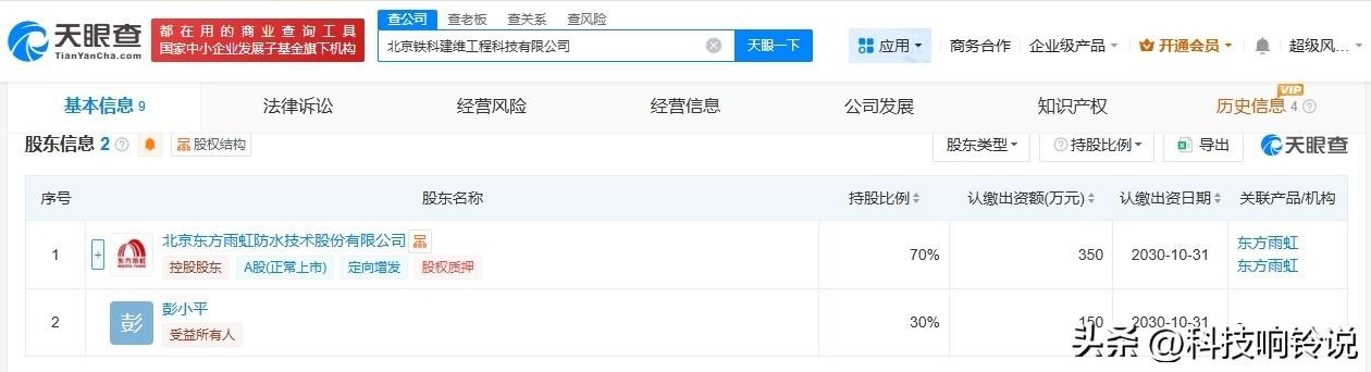 【东方雨虹等在北京成立工程科技公司 注册资本500万】
天眼查App显示，近日，