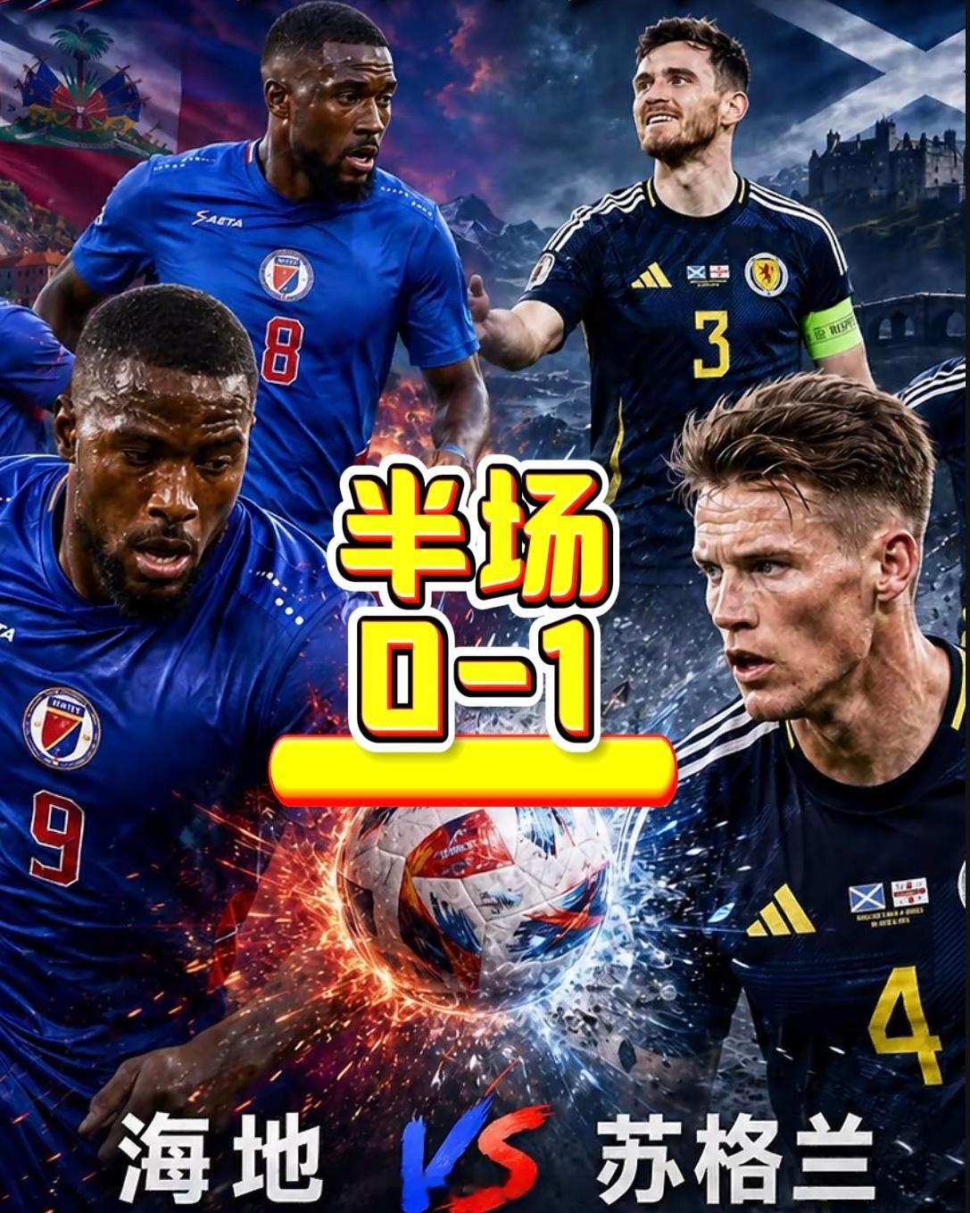海地半场0比1苏格兰 半场比分0-1，射门比8-7，海地看似不落下风，实则被苏格