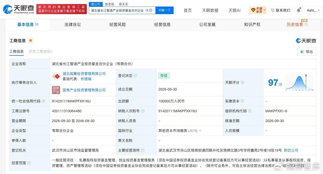 中国人寿等在湖北成立智造产投基金 出资额10亿元
天眼查App显示，近日，湖北省