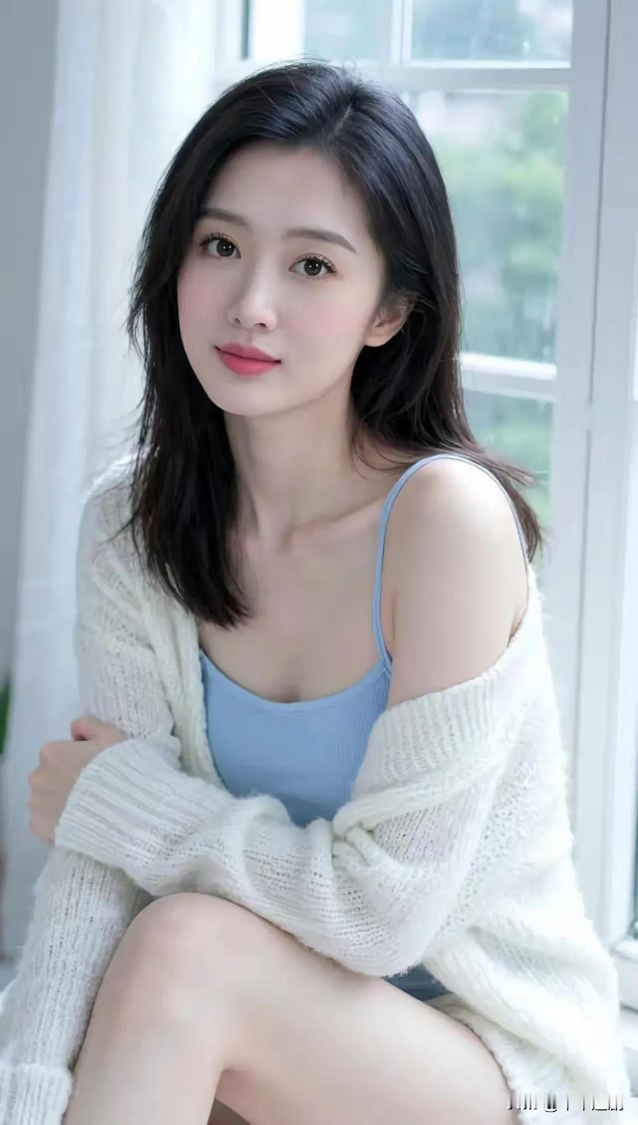 白针织裹着清晨的软，蓝吊带衬着眉眼的净。
窗边风轻，时光慢下来，
连呼吸都成了温