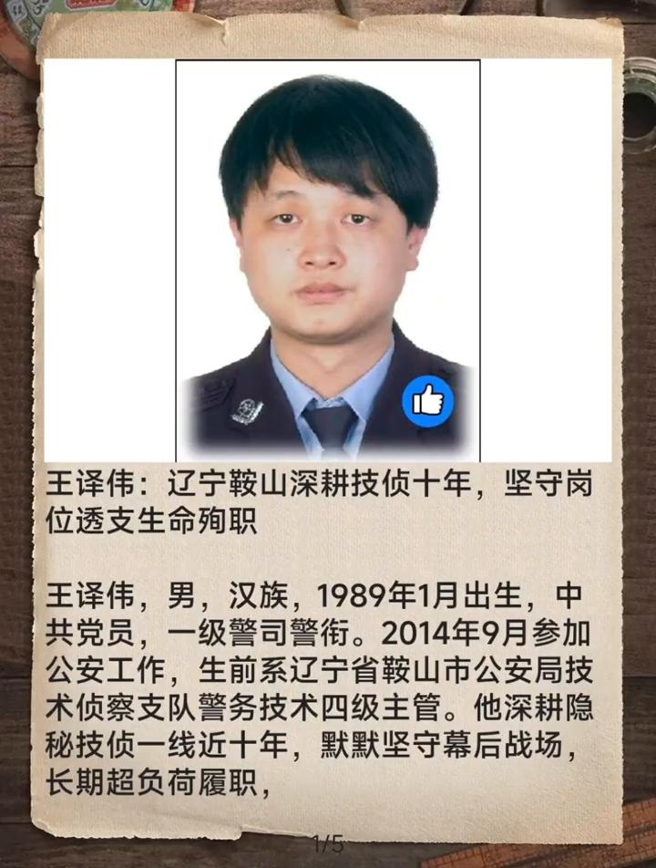 王译伟：辽宁鞍山深耕技侦十年，坚守岗位透支生命殉职。
王译伟，男，汉族，1989