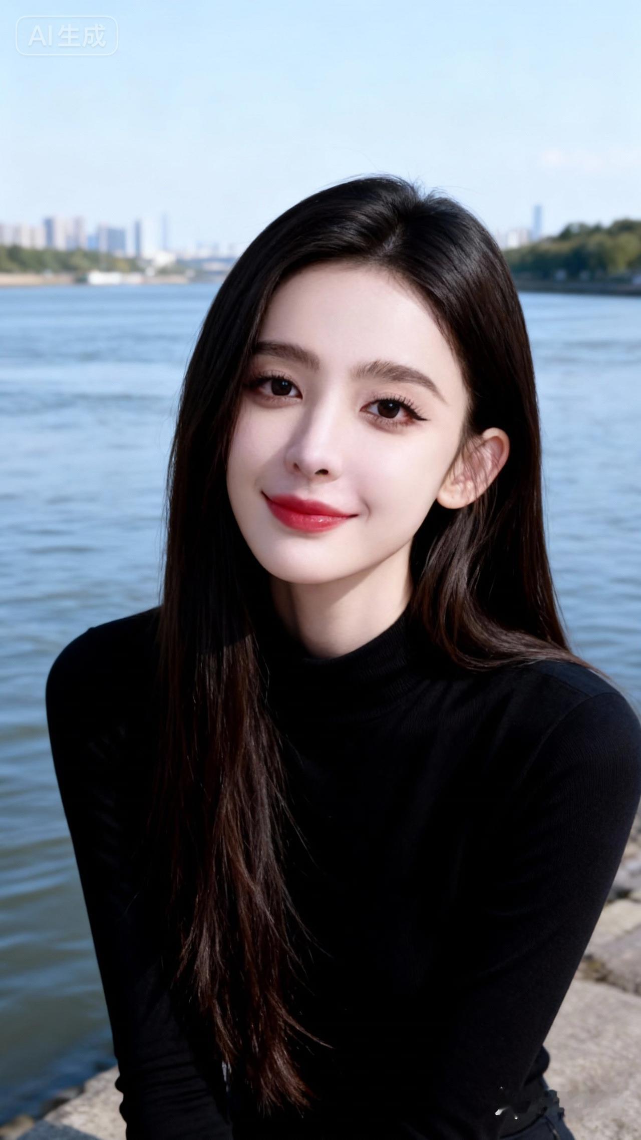 温柔微笑，黑衣少女，河畔风景，清新自然