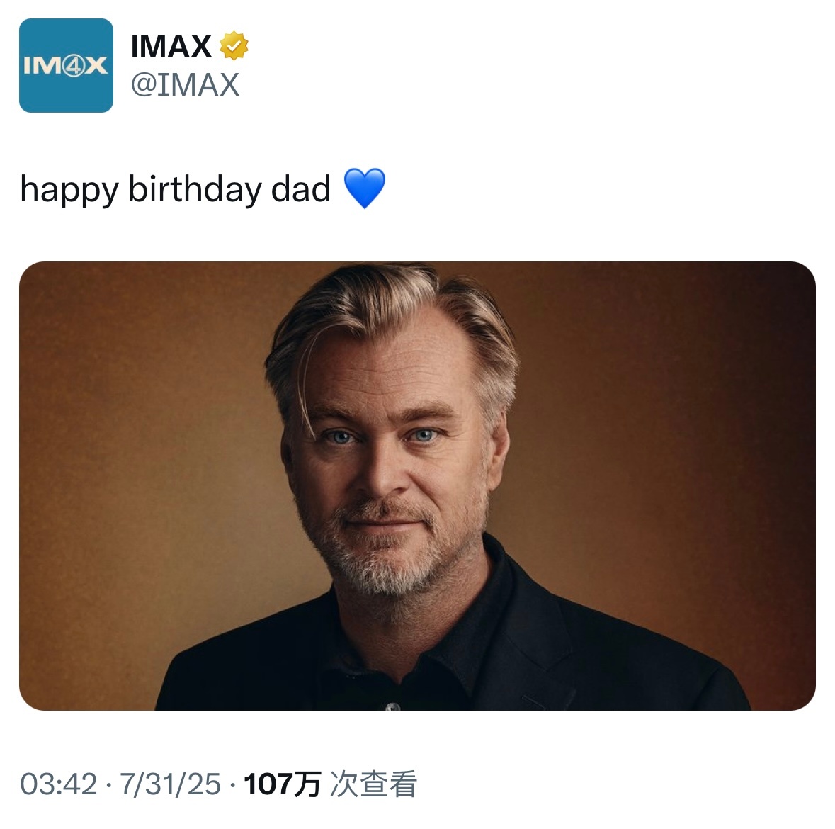 救命！直接叫爸爸！诺兰55岁生日，IMAX官推发文「happy birthday