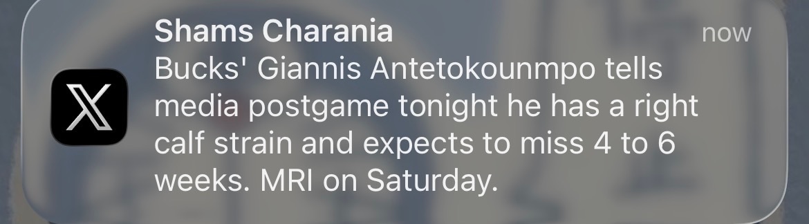 Shams：字母哥预计缺席4-6周 