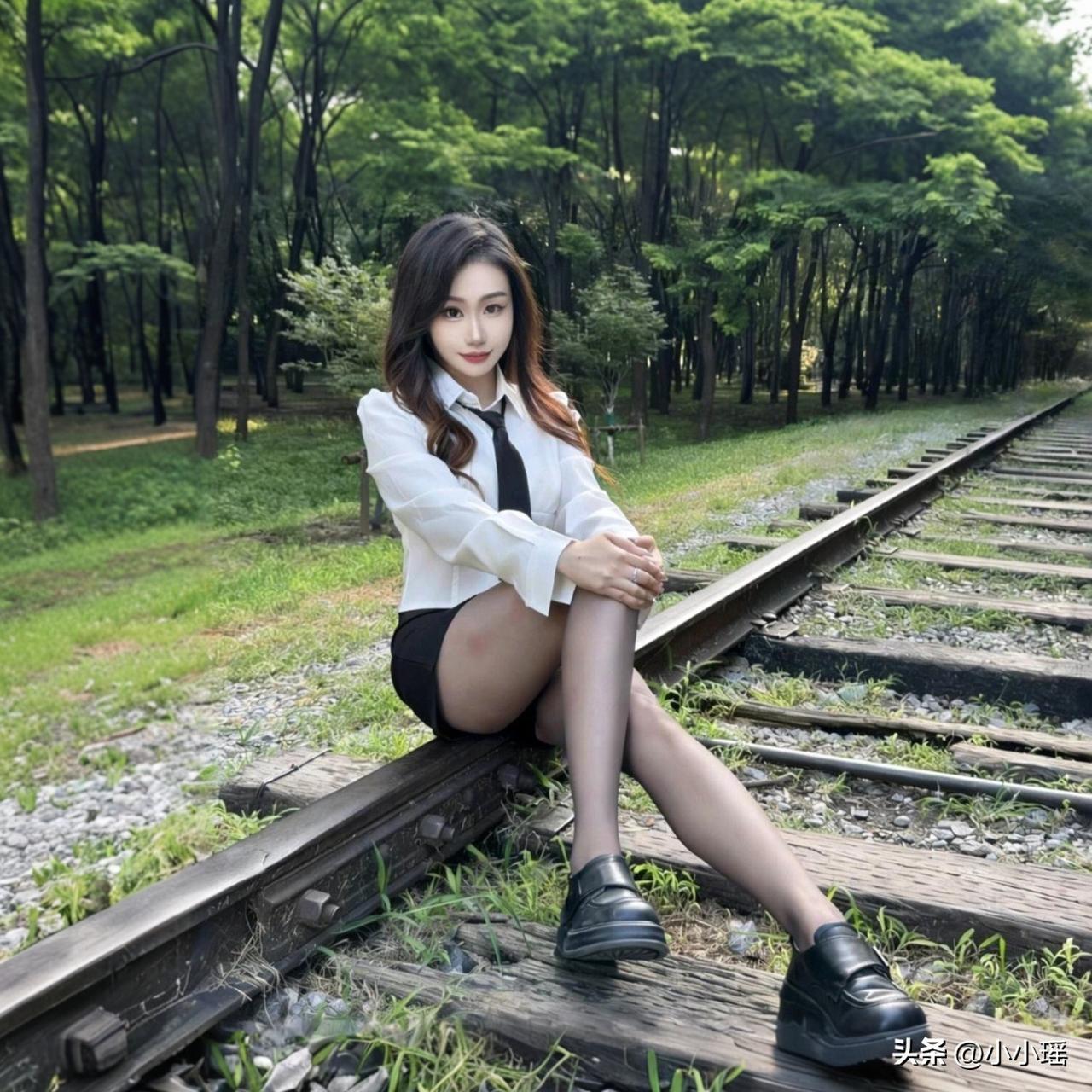 分享ootd穿搭 分享废弃铁轨随拍一组，白色衬衫配黑色短裤加黑丝高跟，妥妥的淑女
