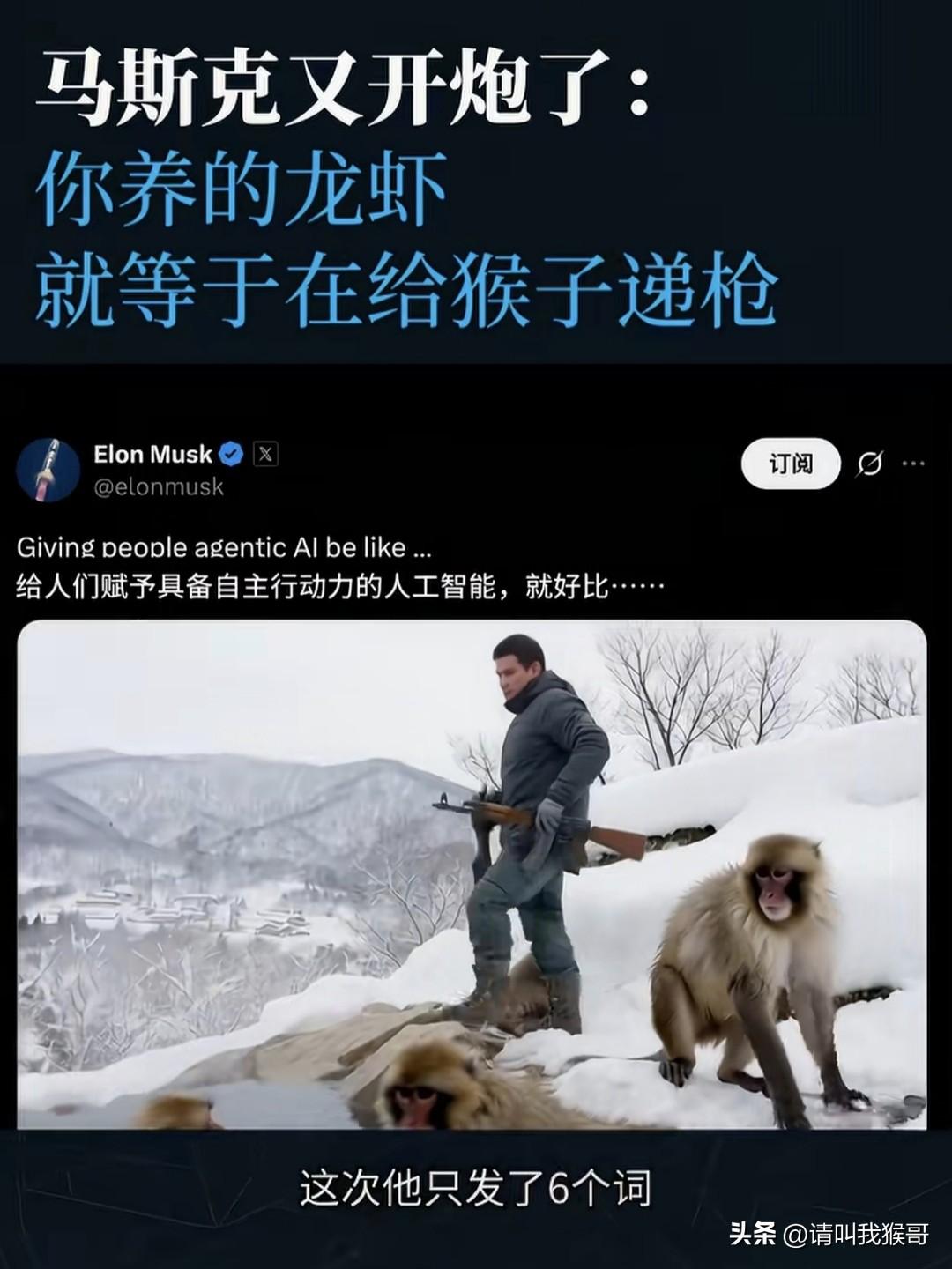 看看马斯克是怎么点评“小龙虾”的:你养的龙虾，就等于在给猴子递Q。作为一个科技大
