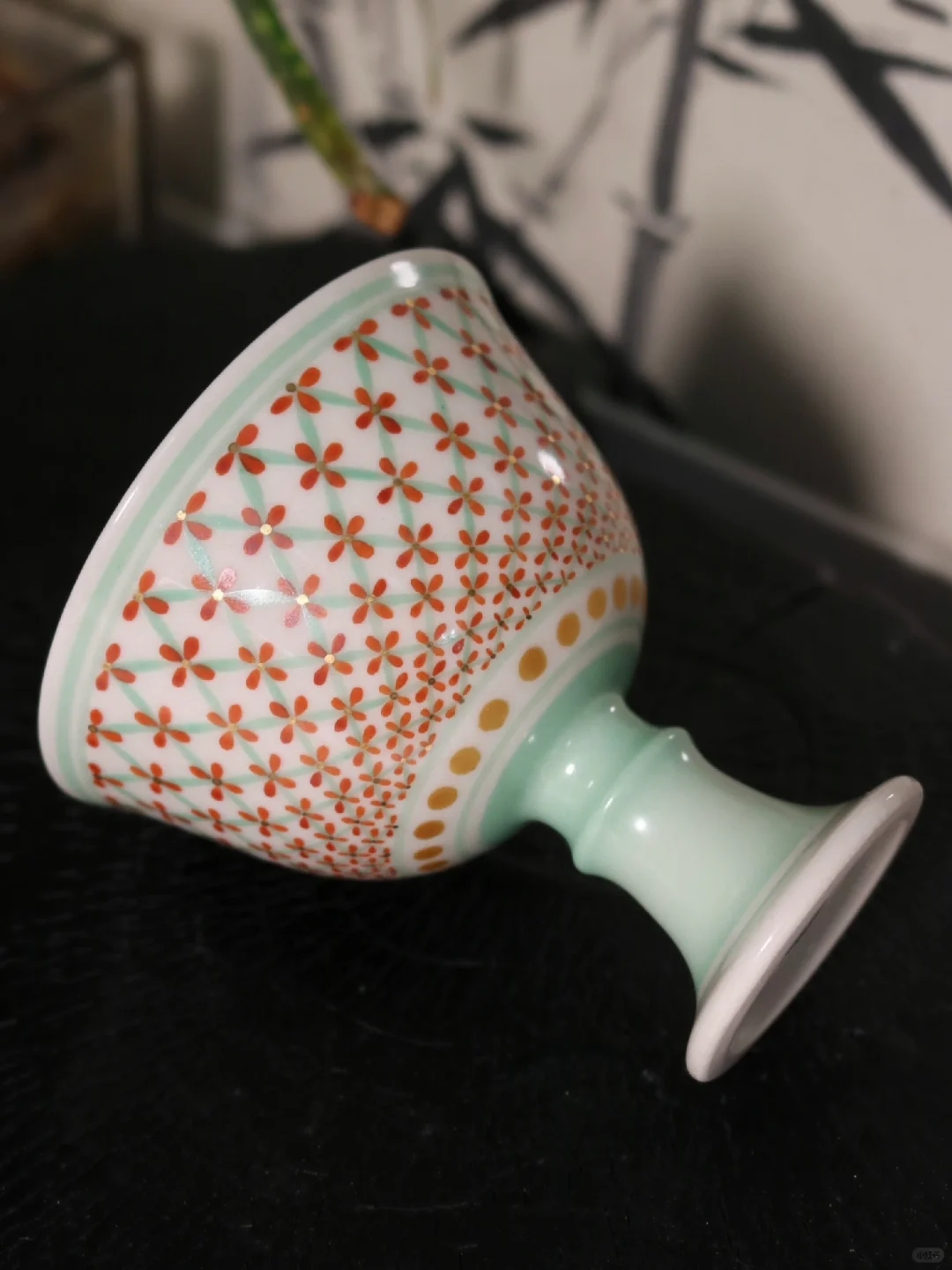 粉绿点金网纹高足杯～