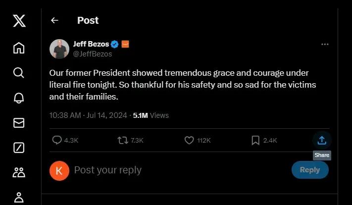 马斯克和贝索斯站队川普。
贝索斯罕见发声，支持川普，其实也是在表达不是我干的。
