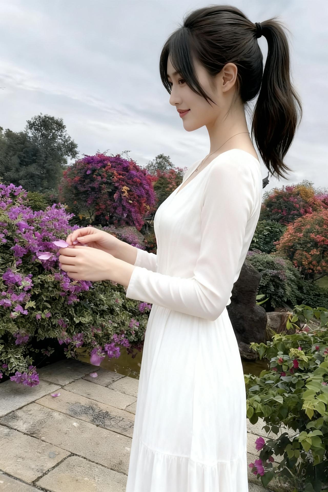 花簇幽蹊映素衣，风牵裙角步迟迟。
回眸一笑春心动，手拈余香尽入诗。