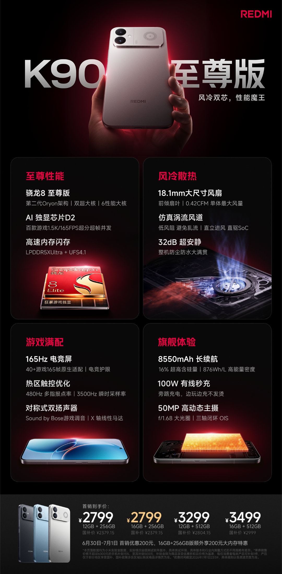 今晚REDMI发布会带来了K90至尊版，电竞屏、大电池、闪充还带风扇，2799起
