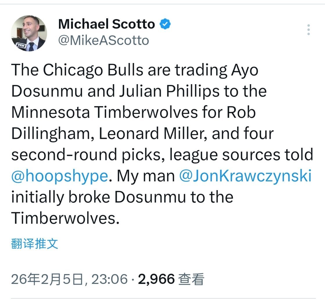 ▲Scotto:公牛用多孙姆+菲利普斯换来迪林厄姆+伦纳德-米勒+4次轮 