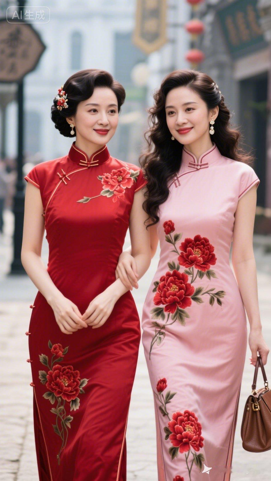 姐妹花手牵手，旗袍风韵美如画！