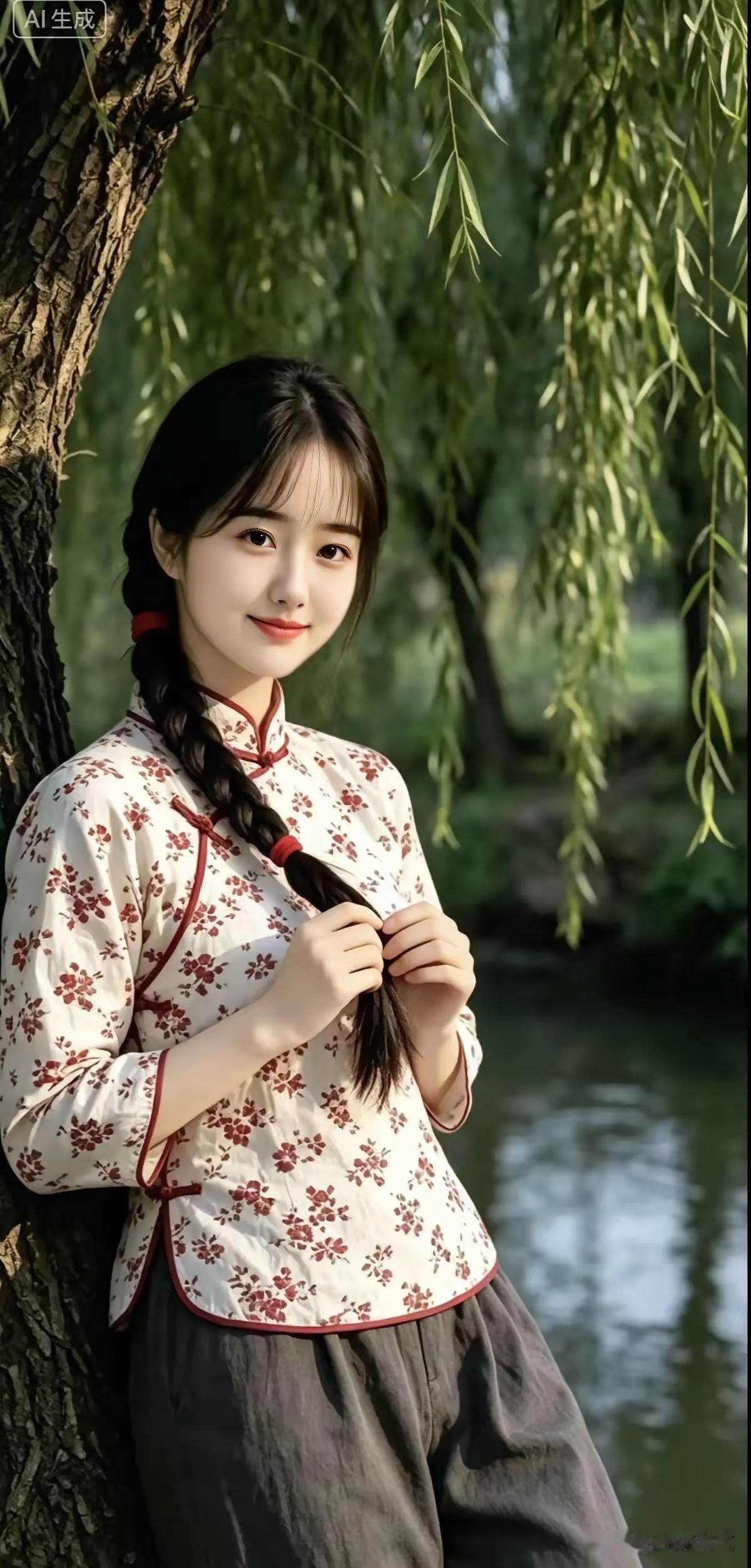 一个女孩在树下微笑。