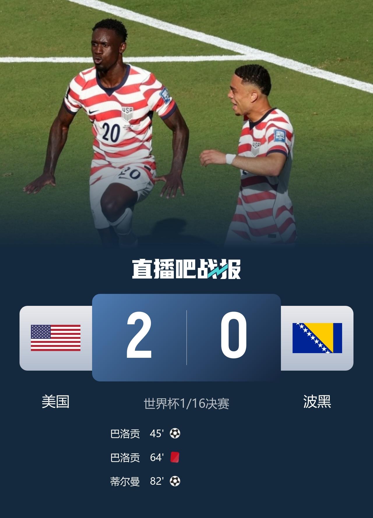 世界杯-十人美国2-0波黑晋级16强 巴洛贡建功+直红 蒂尔曼任意球锁定胜局
7