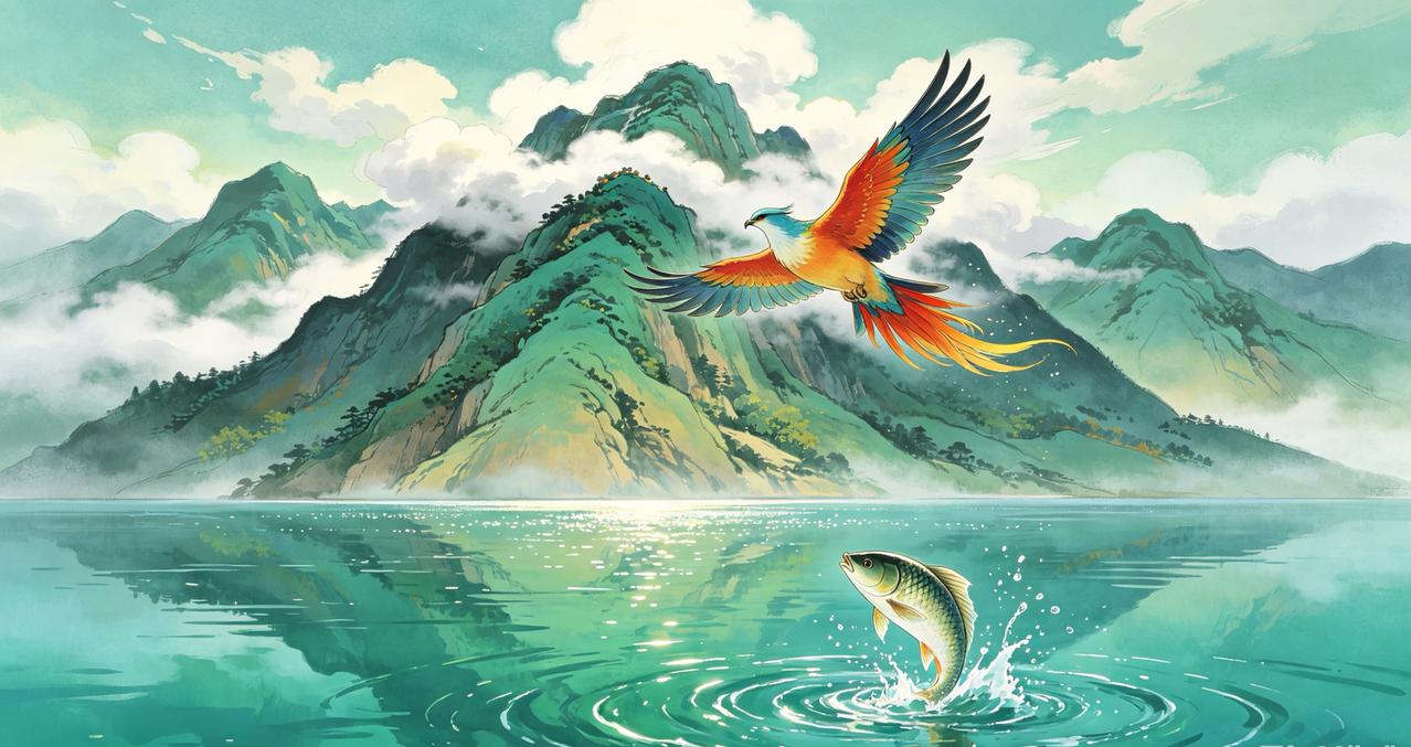 上联：高山出俊鸟，求下联：…？碧水跃灵鱼