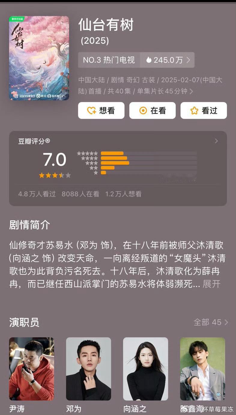 邓为、向涵之主演的《仙台有树》开分7.0，符合你们的体感吗？ 