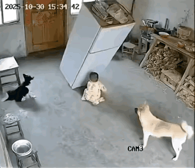 狗狗用生命护主，让人泪目。
监控中，两只狗狗在屋里陪小主人玩耍，两只狗狗的眼睛一