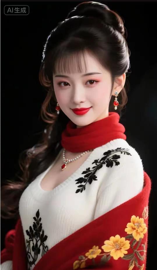 绣花白毛衣，红色花围巾。
清水出芙蓉 ，天然去雕饰。
俏丽佳人，杨柳细腰。
朱唇