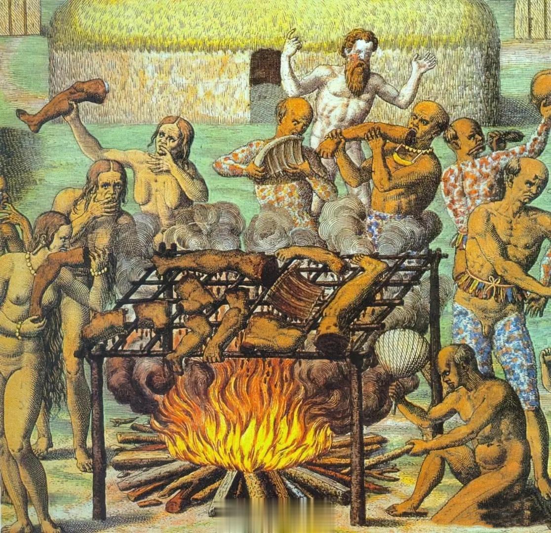 1500年，欧洲的插图，描绘了欧洲旅行家汉斯·斯塔登在巴西观看食人仪式的情景。 