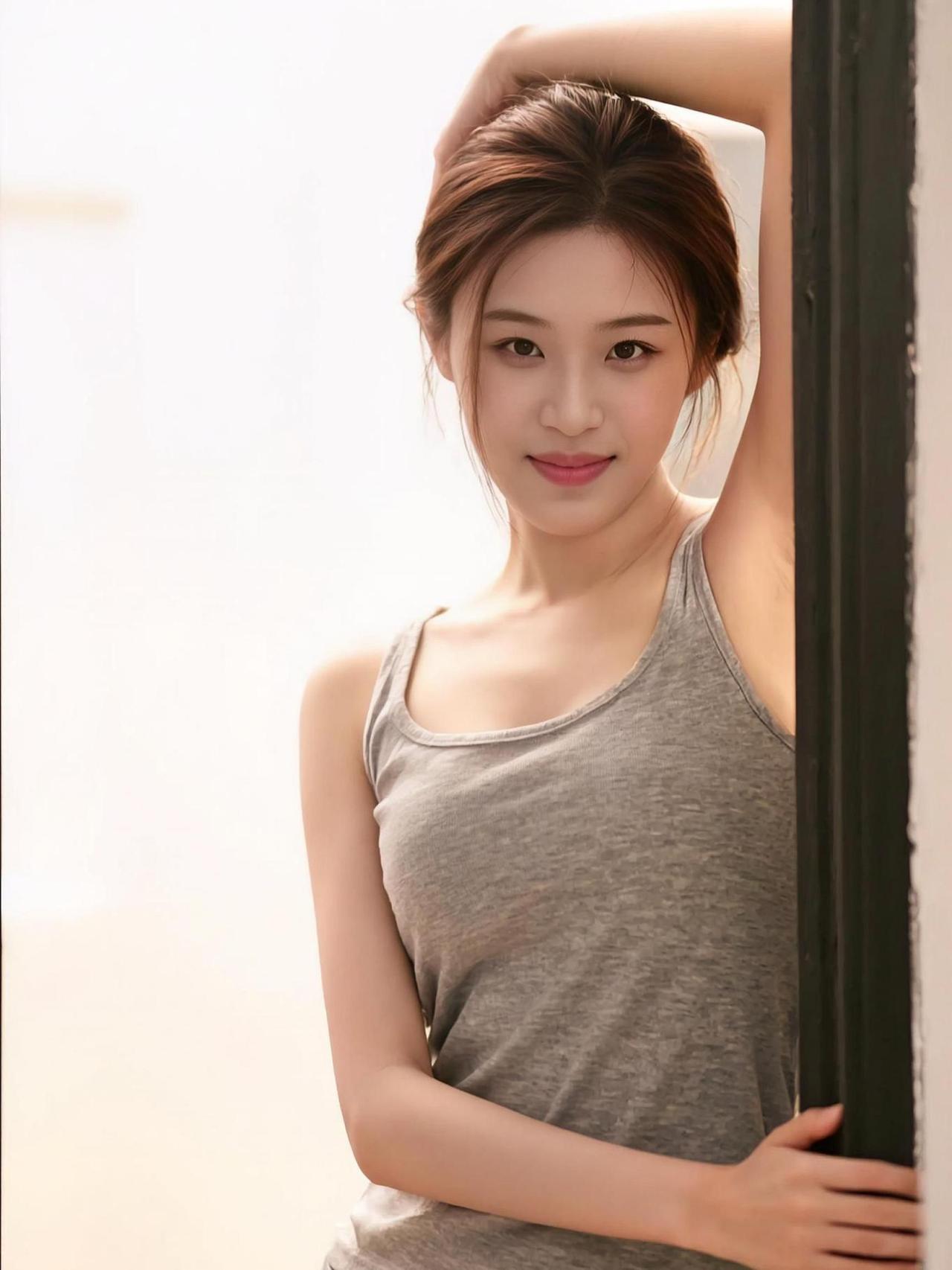 光影在她肩头轻轻游走，像风吻过未染尘的清晨。灰背心勾勒出自然的线条，镜中倒影仿佛