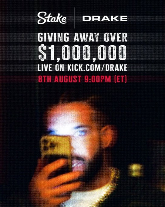 【撒钱预告】💵💵💵/为庆祝加密币赌场Stake成立九周年，Drake 刚刚