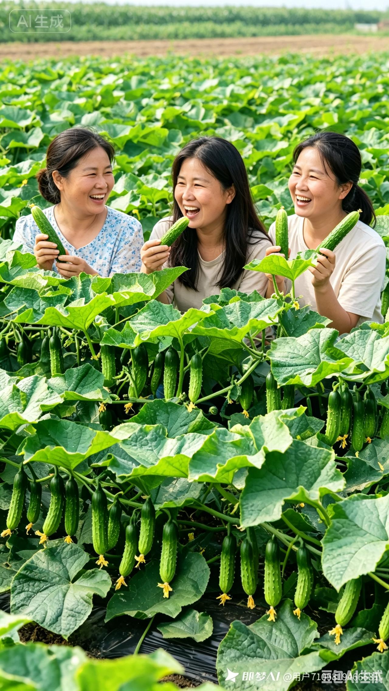 菜园食瓜
 
万顷青畦映艳阳，
瓜藤铺地叶苍苍。
鲜瓜累累枝头挂，
翠色盈盈满野