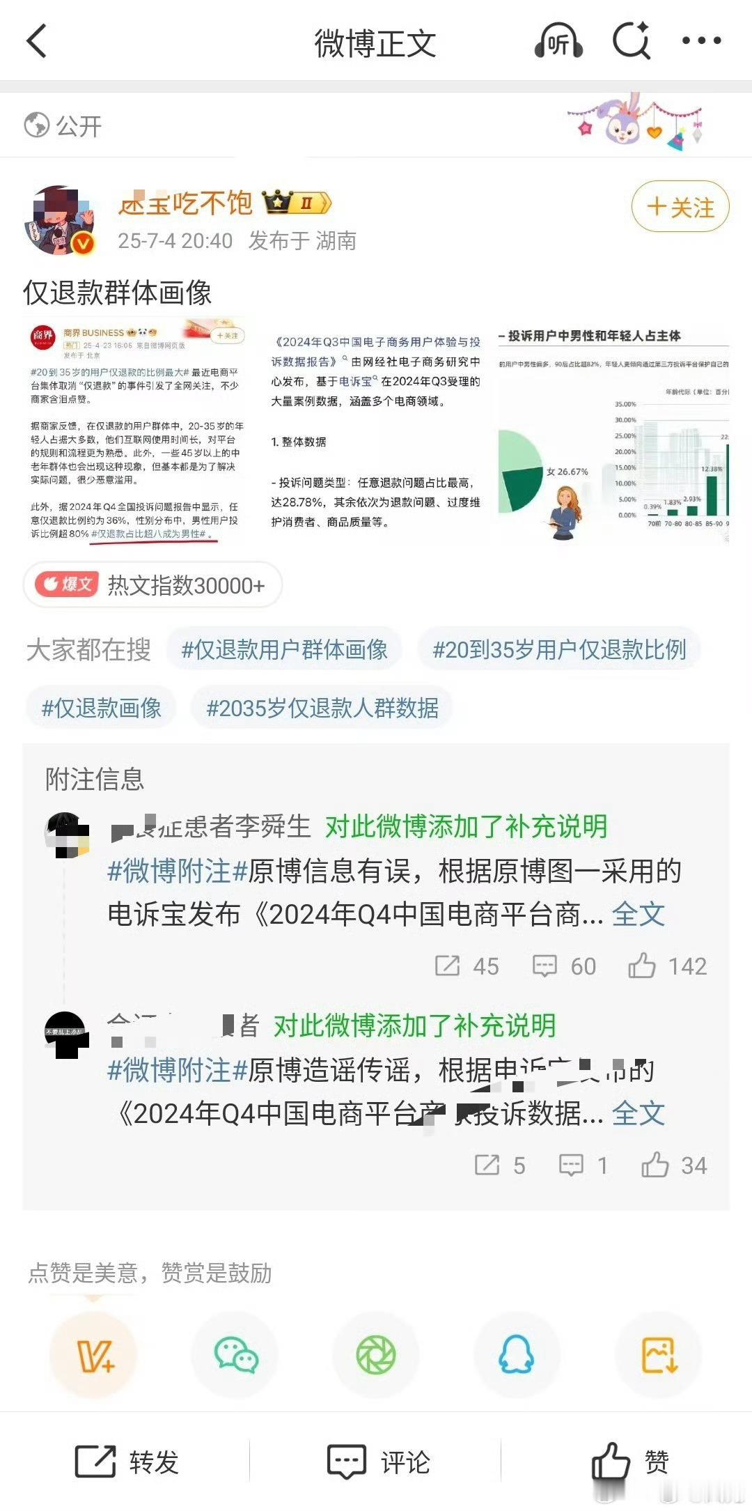 仅退款占比超八成为男性商家消费人群八成是男用户，造谣说仅退款占比超八成是男性[思