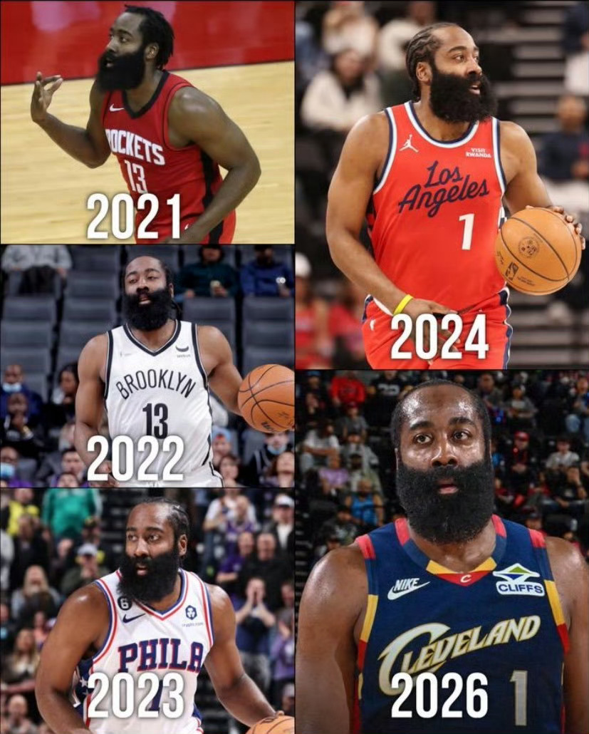 过去6年里的第5支球队，哈登辗转火箭、篮网、76人、快船，现在将联手多诺万-米切