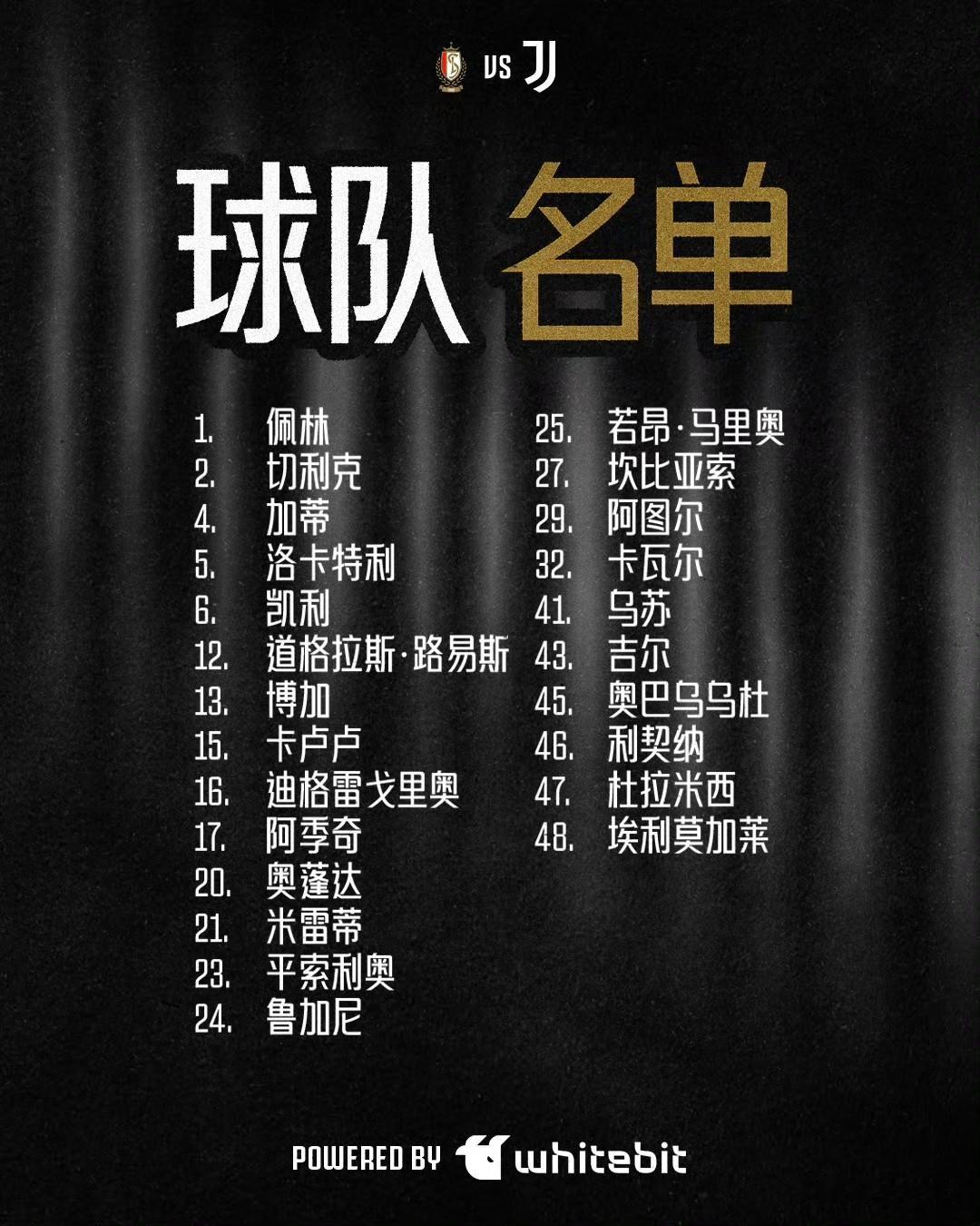 尤文图斯对阵标准列日季前热身赛大名单出炉👀