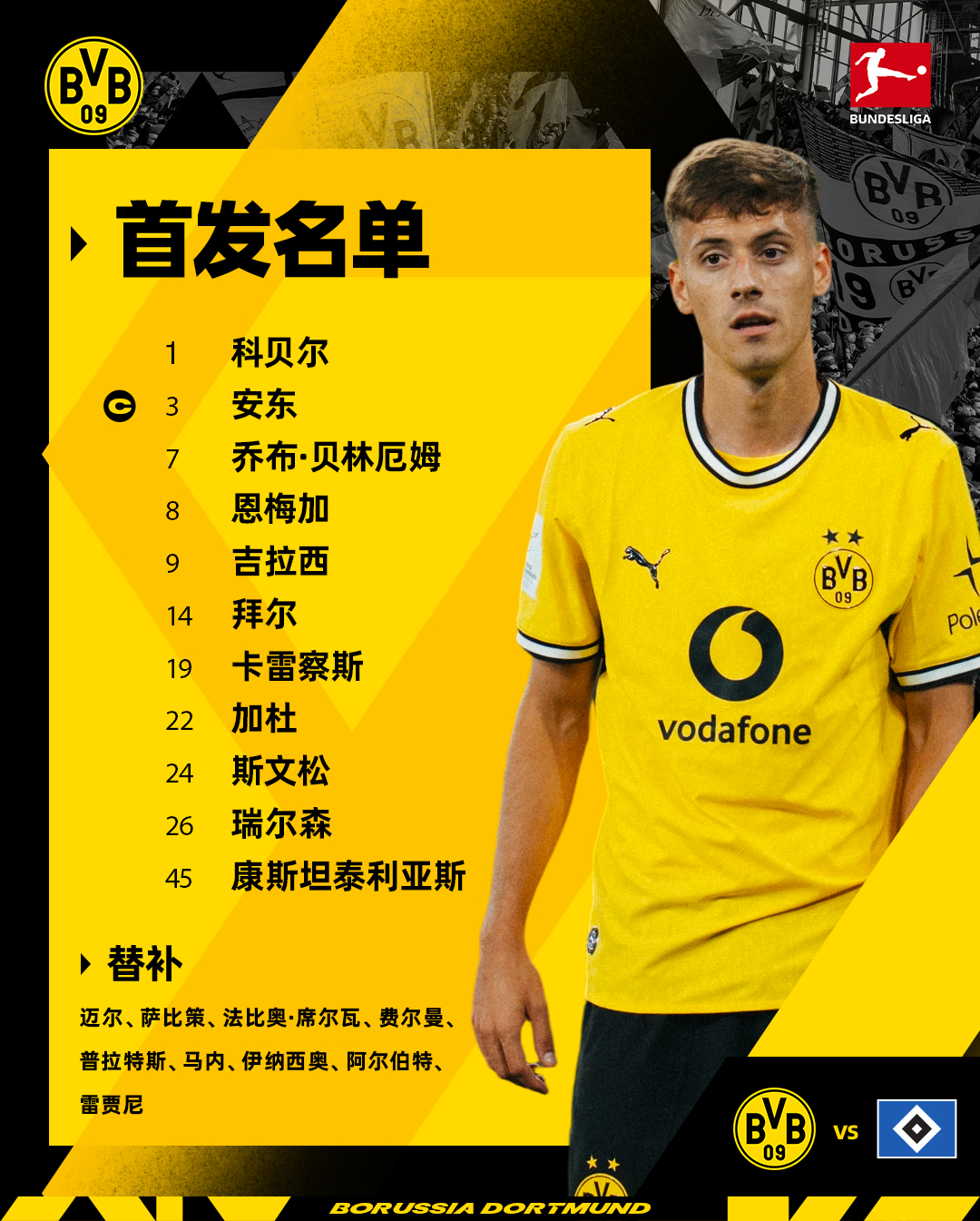 德甲联赛重燃战火，对阵汉堡首发来袭！【首发】1.科贝尔 3.安东 7.乔布·贝林