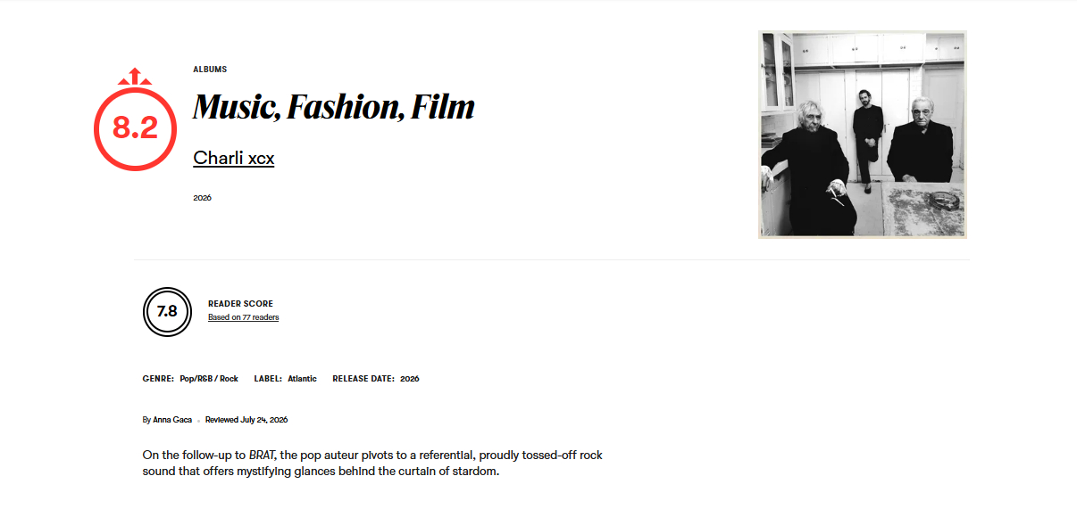 Pitchfork给Charli xcx的新专辑《Music, Fashion,