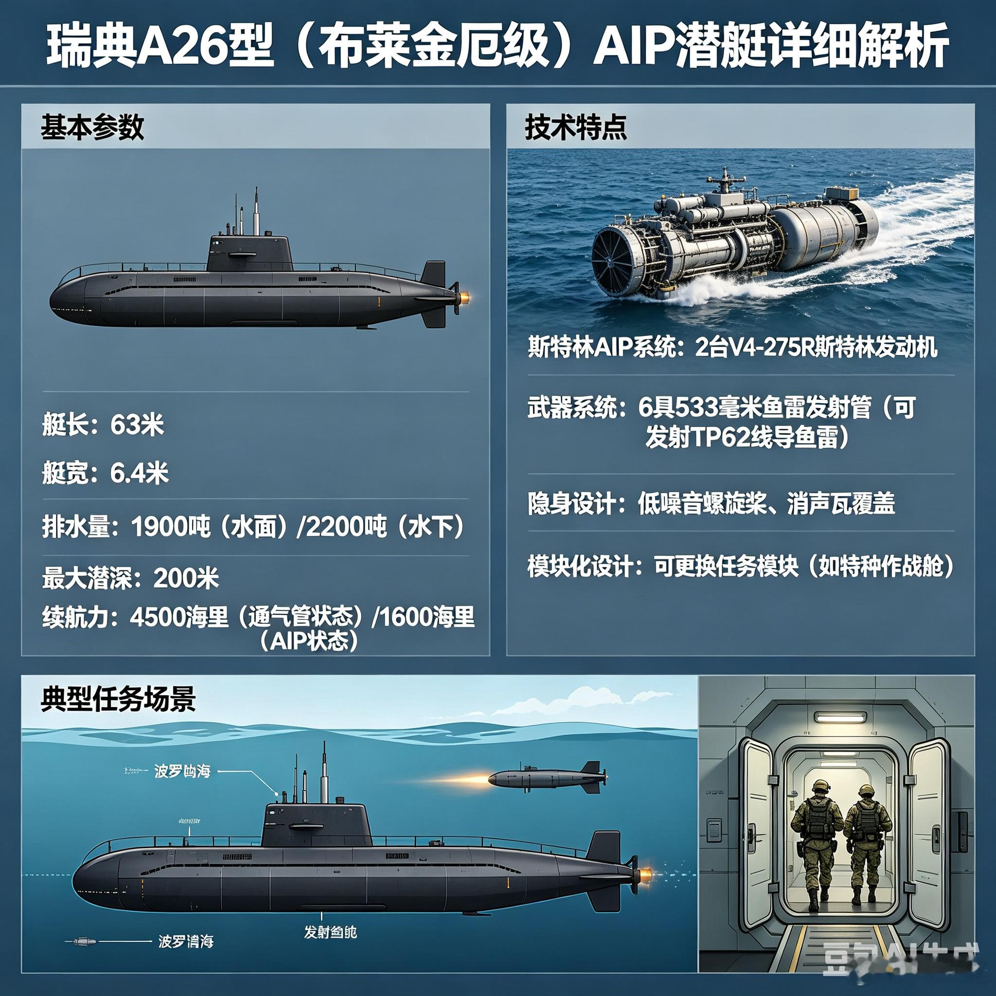 军事ai新视野ai热力追踪 瑞典A26型（布莱金厄级）AIP潜艇（图片由豆包ai