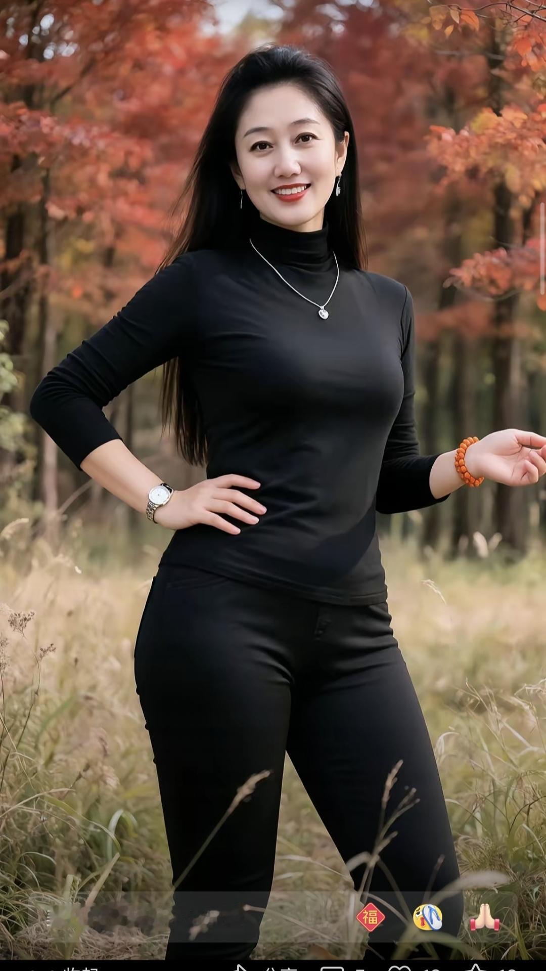 黑丝绒佳人
黑绒着体韵悠长，
高领长裤气质彰。
秋里红枫相映衬，
叶间立处梦情藏