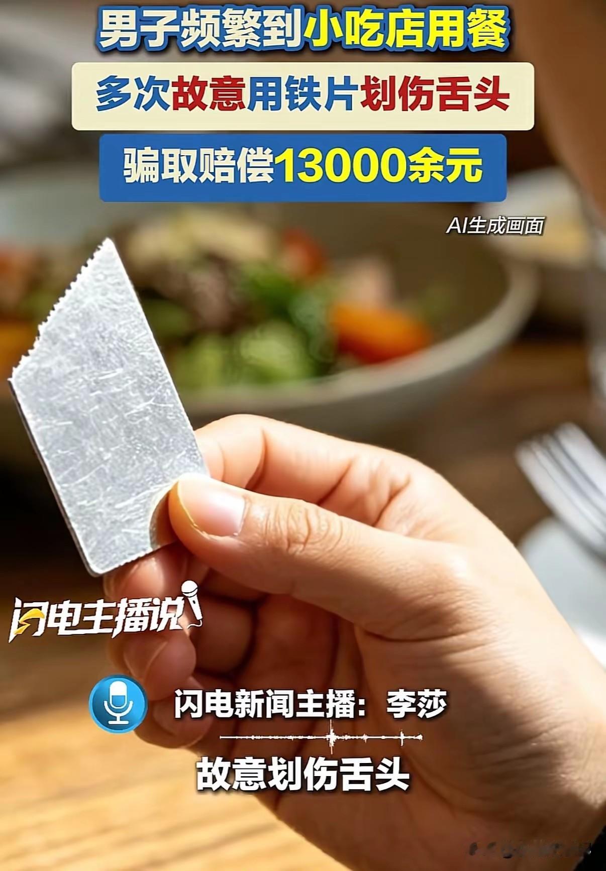 福建厦门的李某经常到小吃店用餐。一日，李某在小吃店用餐时，自称饭菜里有铁片，划破
