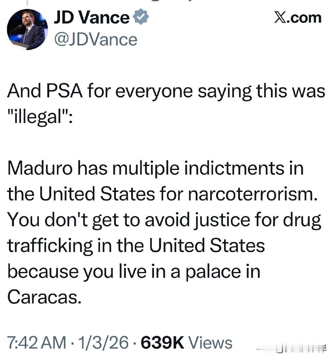 万斯发文为抓捕Maduro行动辩护，暗示其具有合法性。
“给大家提个醒，那些说这