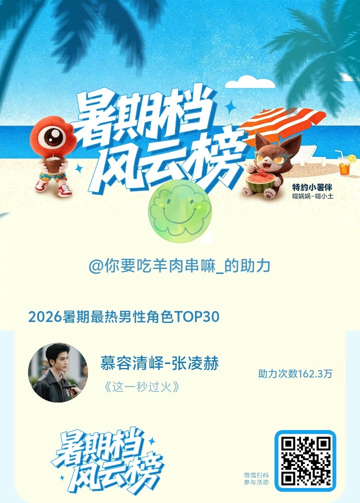 【暑期档风云榜】活动进行中，快来助力他成为今夏最热！2026暑期最热男性角色  