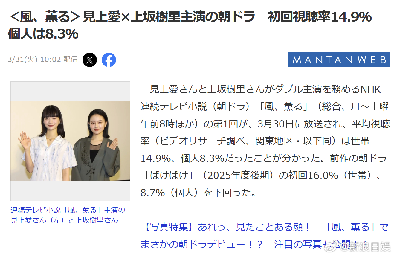 海外影视速递上坂树里演员见上爱双主演的NHK 2026年度上半年晨间剧《风之芬芳