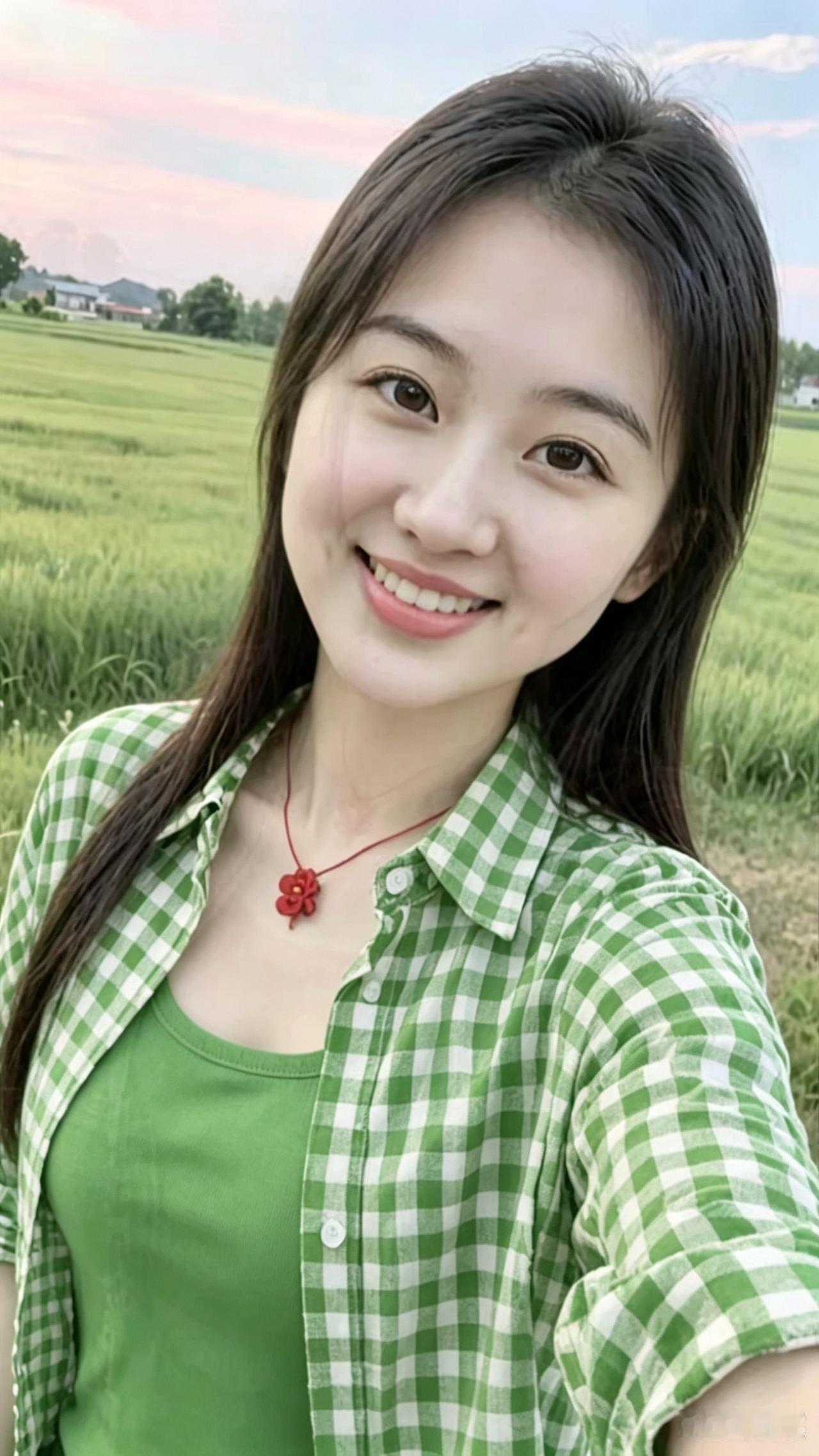 乡野俏姑娘
 
绿野平川望远方，
农家姑娘笑意扬。
长发飘飘模样靓，
格子衣衫透