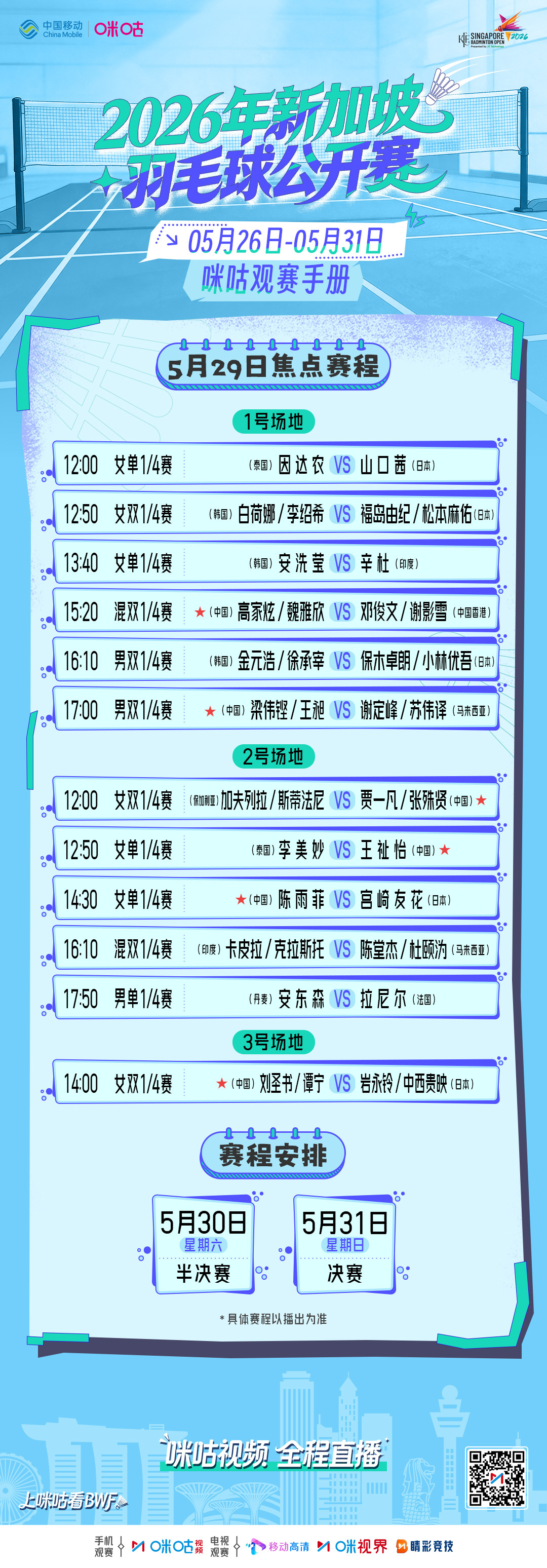 2026新加坡羽毛球公开赛📅🏁 5/29焦点赛程🔴 14:00圣坛组合对战