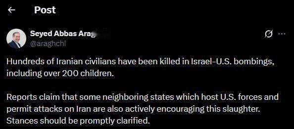 伊朗外交部长阿巴斯·阿拉格奇表示：当美国国防部长宣称"不留活口"时，他并非在彰显