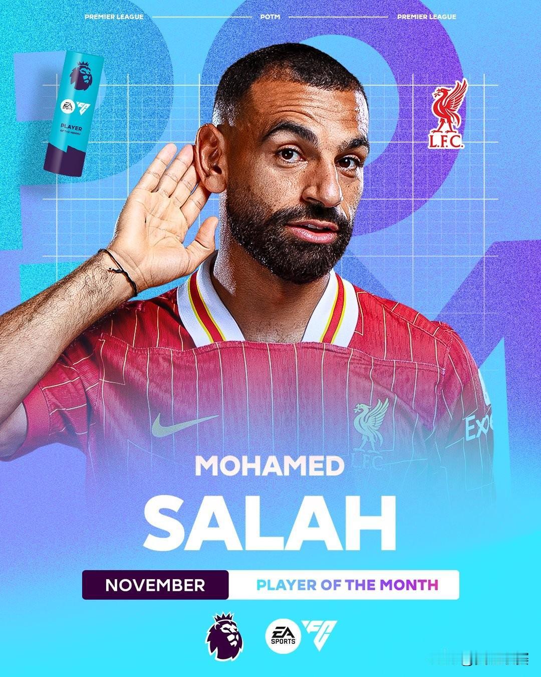 EA SPORTS 英超11月最佳球员：萨拉赫

利物浦前锋在11月为球队打进4