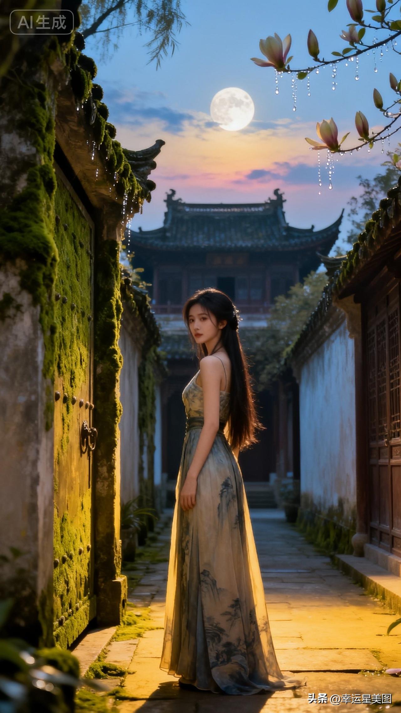 月光下，她站在古巷中，美如画。