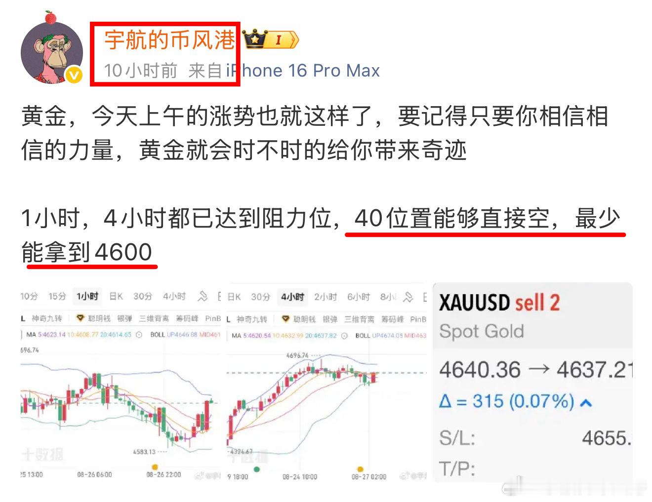 午间给出的4640现价空单，现在已经万叨利了，这个位置进的到就是赚到，当时能够跟